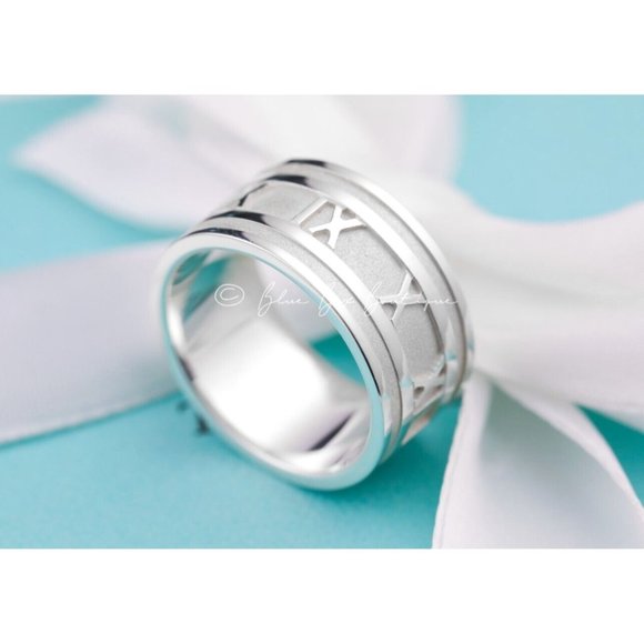 Tiffany & Co. Ring  Silver Atlas Roman Numerals Wide Band Vintage 1995 Size 9.5 - Picture 1 of 10